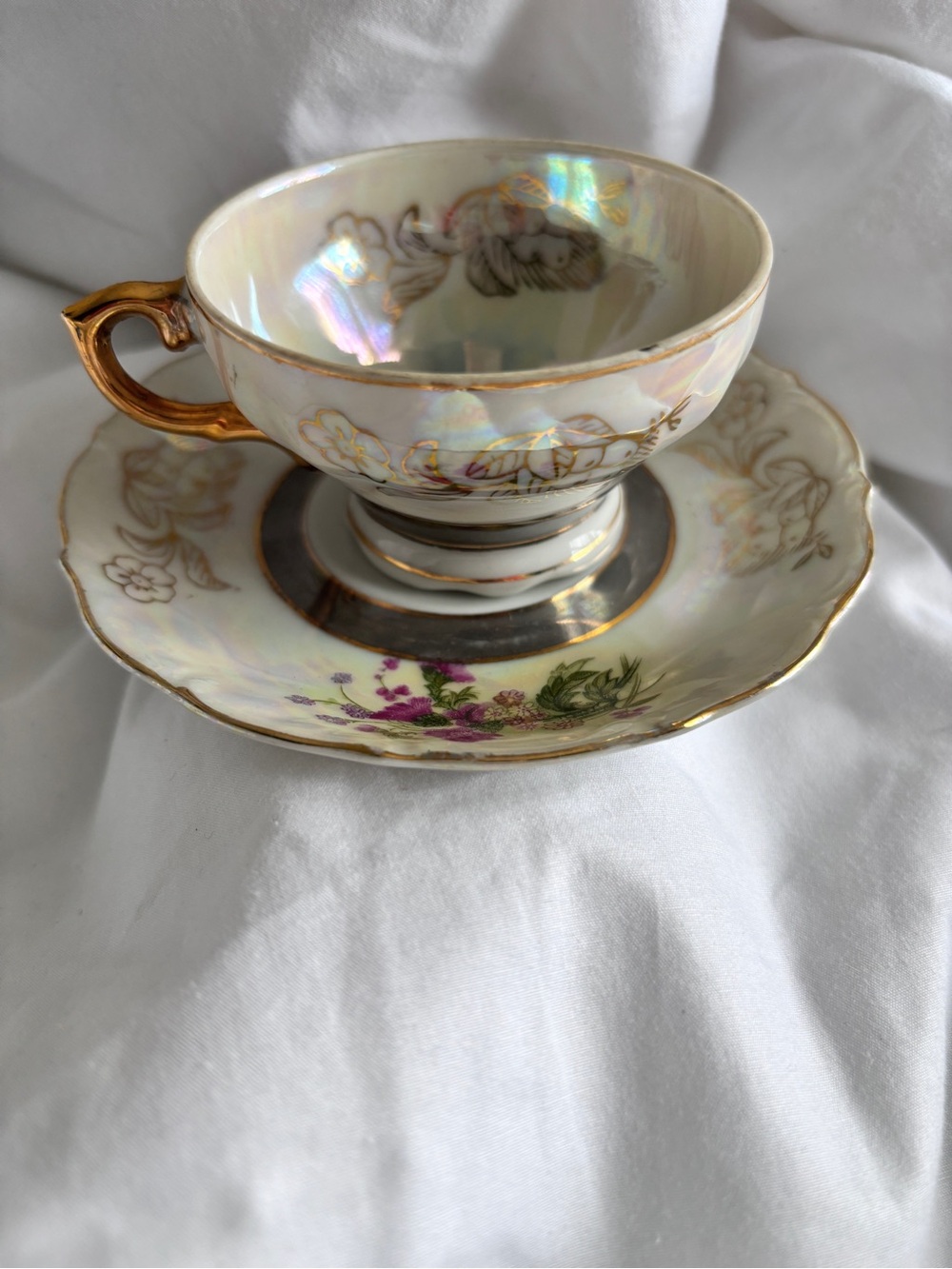 VTG White and Gold Teacup with Saucer Silver Stripe Red Flowers Gold Flower